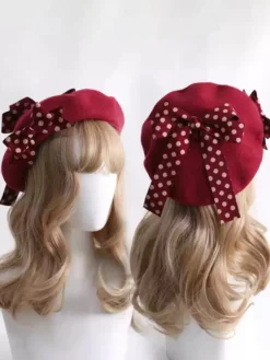 Chapeau Lolita doux avec nœuds et accessoires à pois en polyester bordeaux