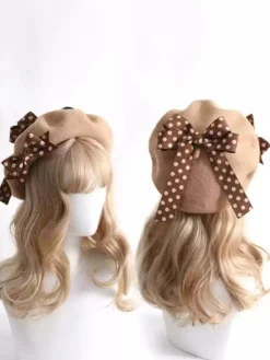Chapeau Lolita doux avec nœuds et accessoires à pois en polyester bordeaux