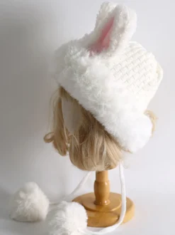 Chapeau Lolita doux avec oreilles de lapin blanc et pompons en peluche chaude accessoires Lolita