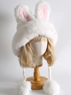 Chapeau Lolita doux avec oreilles de lapin blanc et pompons en peluche chaude accessoires Lolita