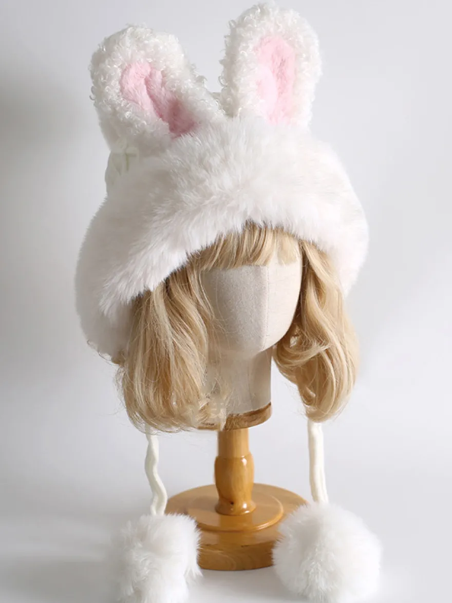 Chapeau Lolita doux avec oreilles de lapin blanc et pompons en peluche chaude accessoires Lolita