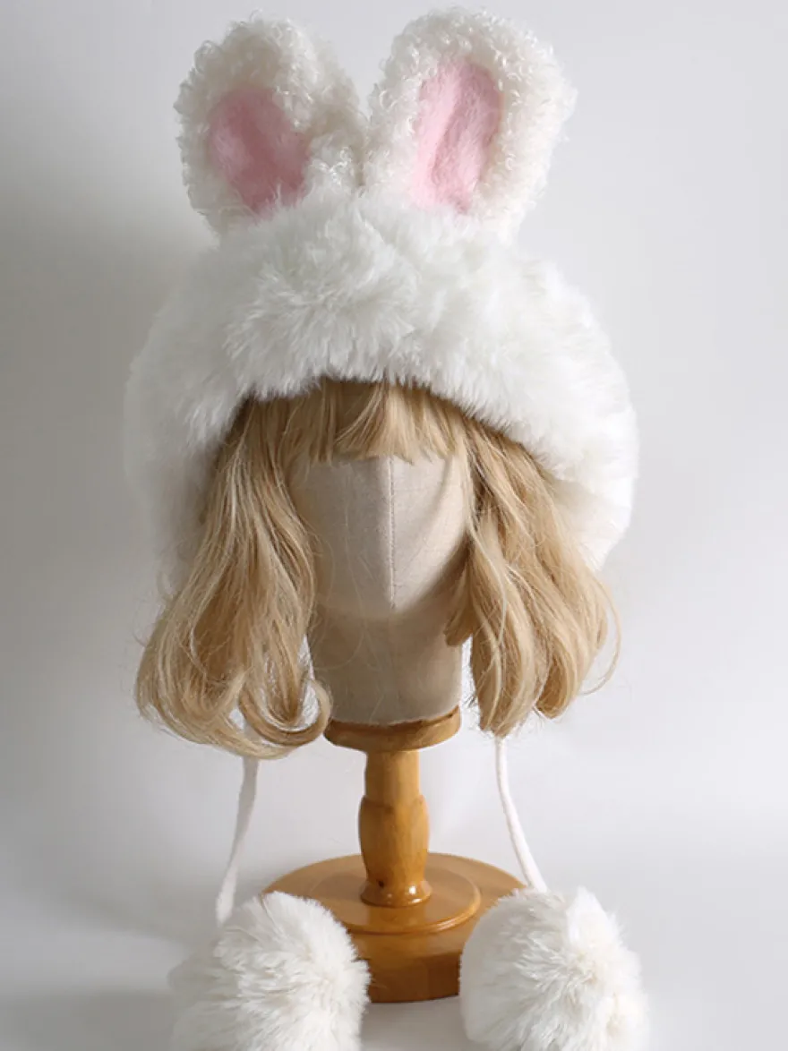 Chapeau Lolita doux avec oreilles de lapin blanc et pompons en peluche chaude accessoires Lolita