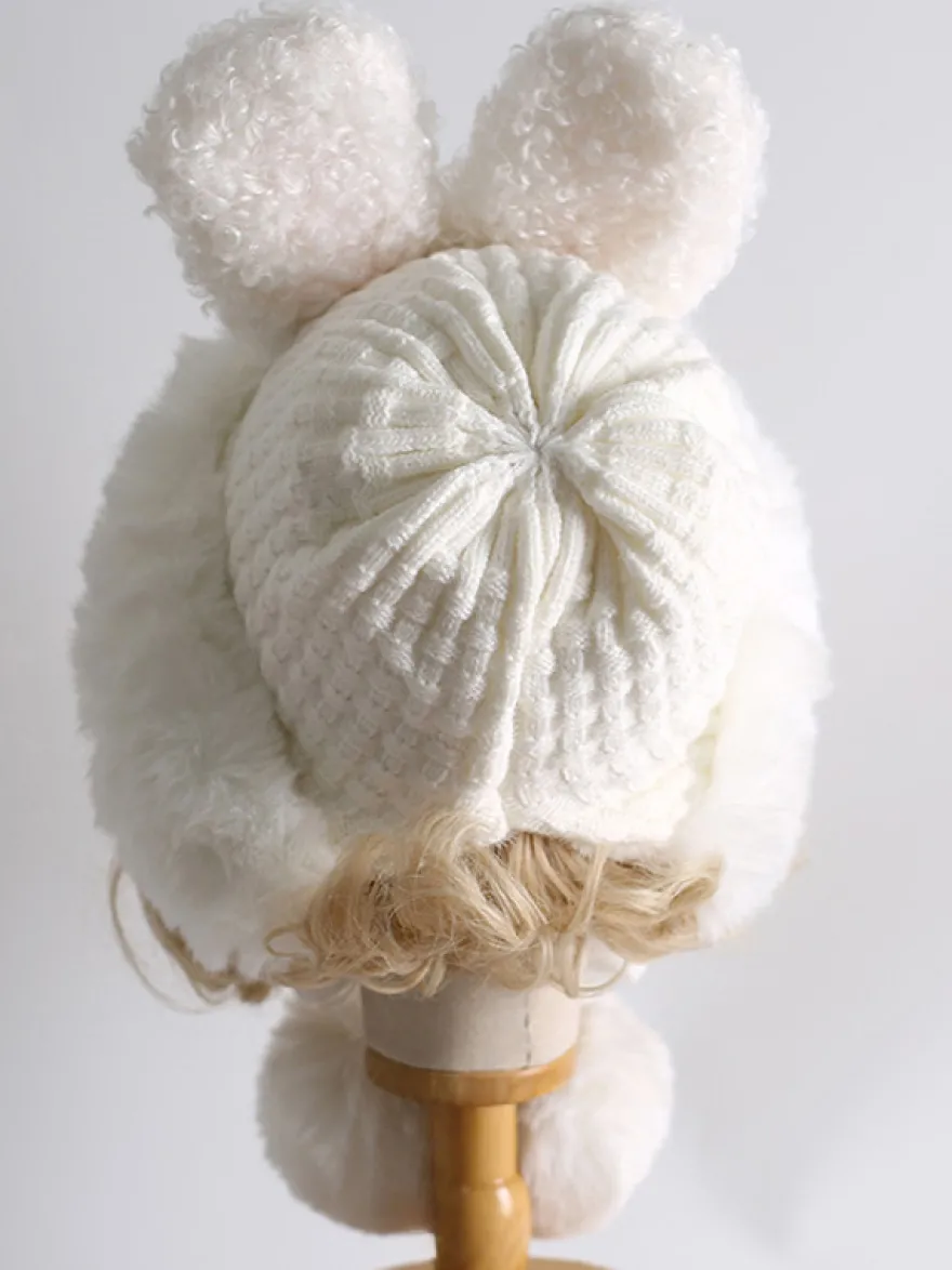 Chapeau Lolita doux avec oreilles de lapin blanc et pompons en peluche chaude accessoires Lolita