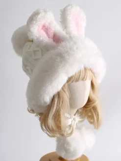 Chapeau Lolita doux avec oreilles de lapin blanc et pompons en peluche chaude accessoires Lolita