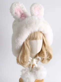 Chapeau Lolita doux avec oreilles de lapin blanc et pompons en peluche chaude accessoires Lolita