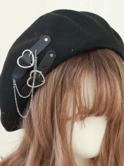 Chapeau Lolita Doux Chaînes Accessoire Motif Coeurs Chapeau Lolita Noir En Polyester