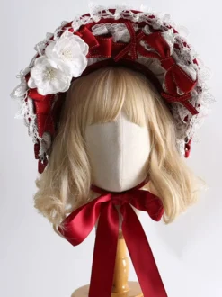 Chapeau Lolita doux Fleurs rouges Nœuds Accessoire en dentelle Accessoires Lolita en polyester