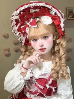 Chapeau Lolita doux Fleurs rouges Nœuds Accessoire en dentelle Accessoires Lolita en polyester