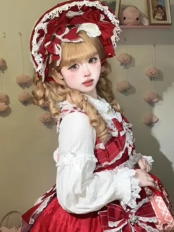 Chapeau Lolita doux Fleurs rouges Nœuds Accessoire en dentelle Accessoires Lolita en polyester