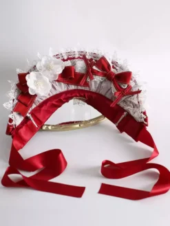Chapeau Lolita doux Fleurs rouges Nœuds Accessoire en dentelle Accessoires Lolita en polyester