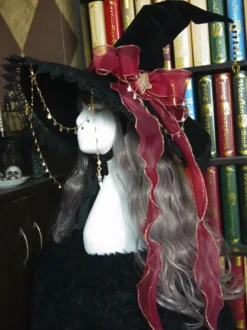 Chapeau Lolita Noeuds Accessoire Noeud Étoiles Imprimé Polyester Noir Accessoires Lolita Chapeau de Sorcière