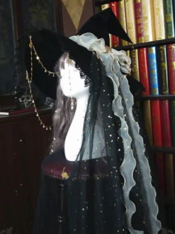 Chapeau Lolita Noeuds Accessoire Noeud Étoiles Imprimé Polyester Noir Accessoires Lolita Chapeau de Sorcière