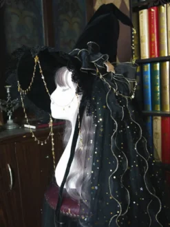 Chapeau Lolita Noeuds Accessoire Noeud Étoiles Imprimé Polyester Noir Accessoires Lolita Chapeau de Sorcière