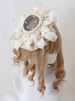 Chapeau Lolita Style Pastoral Perles Fleurs Dentelle Polyester Chapeaux Lolita Ivoire