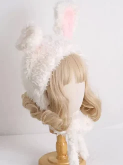 Chapeau Sweet Lolita avec oreilles de lapin roses et peluche chaude