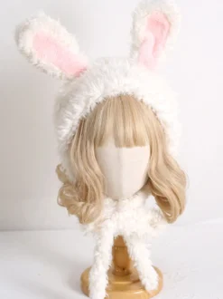 Chapeau Sweet Lolita avec oreilles de lapin roses et peluche chaude