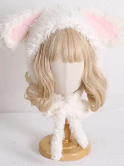 Chapeau Sweet Lolita avec oreilles de lapin roses et peluche chaude