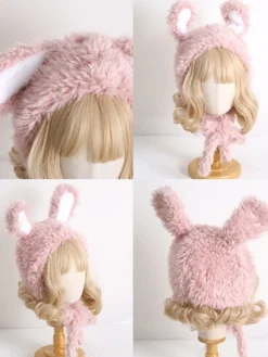 Chapeau Sweet Lolita avec oreilles de lapin roses et peluche chaude