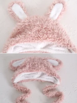 Chapeau Sweet Lolita avec oreilles de lapin roses et peluche chaude