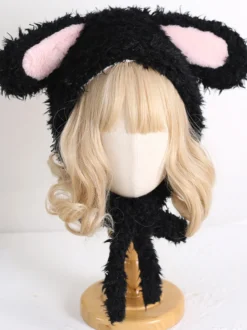 Chapeau Sweet Lolita avec oreilles de lapin roses et peluche chaude