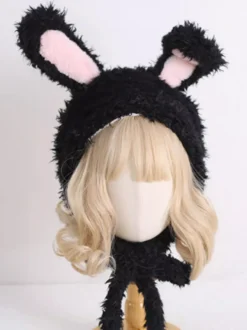Chapeau Sweet Lolita avec oreilles de lapin roses et peluche chaude