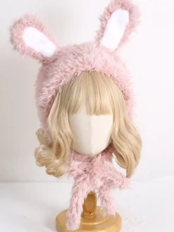 Chapeau Sweet Lolita avec oreilles de lapin roses et peluche chaude