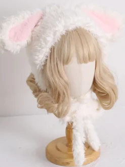 Chapeau Sweet Lolita avec oreilles de lapin roses et peluche chaude