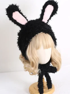 Chapeau Sweet Lolita avec oreilles de lapin roses et peluche chaude