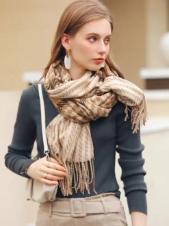 Écharpe Pour Femme Charmante Frange À Carreaux Hiver Chaud Longues Écharpes