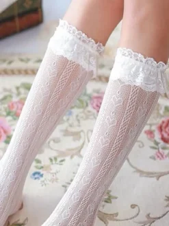 Chaussettes Sweet Lolita Bas en Lolita Blanc avec Volants en Dentelle Déguisements Halloween