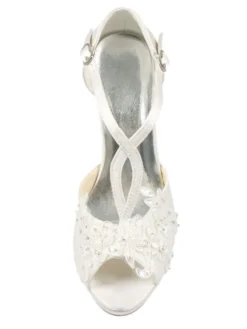chaussure de mariée en fausse soie ivoire à talons aigus avec dentelle escarpins type-T bout ouvert
