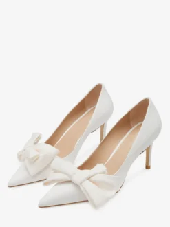 Chaussures de bal blanches en satin à bout pointu et nœud chaussures de mariage à talons hauts