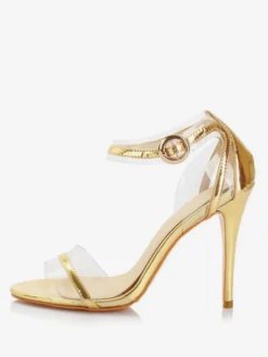 Chaussures de bal dorées sandales à talons hauts bout ouvert bride à la cheville patchwork