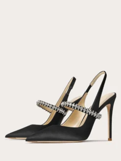 Chaussures de bal en satin strass noirs bout pointu talon aiguille escarpins à bride arrière