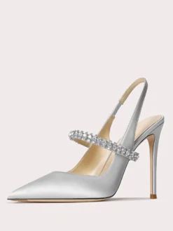 Chaussures de bal en satin strass noirs bout pointu talon aiguille escarpins à bride arrière
