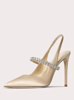 Chaussures de bal en satin strass noirs bout pointu talon aiguille escarpins à bride arrière