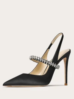 Chaussures de bal en satin strass noirs bout pointu talon aiguille escarpins à bride arrière
