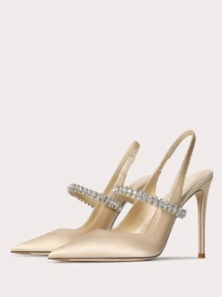 Chaussures de bal en satin strass noirs bout pointu talon aiguille escarpins à bride arrière