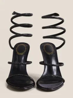 Chaussures de bal à talons hauts noires à bout ouvert et strass sandales à brides