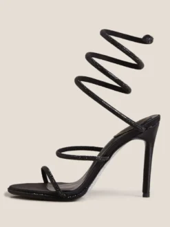 Chaussures de bal à talons hauts noires à bout ouvert et strass sandales à brides