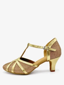 Chaussures de danse pour femmes chaussures à bout pointu et talon moyen métallisées et brillantes dorées