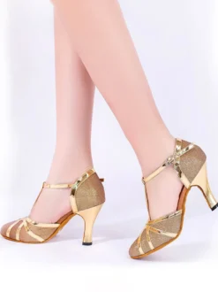 Chaussures de danse pour femmes chaussures à bout pointu et talon moyen métallisées et brillantes dorées