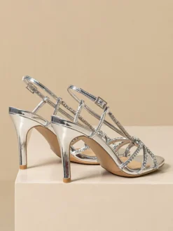 Chaussures De Mariage Argentées Femmes Bal À Bout Rond Bride Avec Strass Talons Hauts