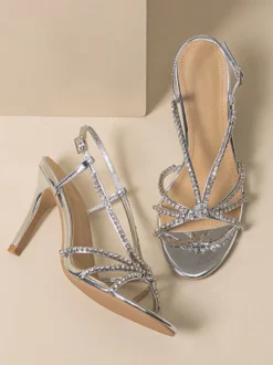 Chaussures De Mariage Argentées Femmes Bal À Bout Rond Bride Avec Strass Talons Hauts