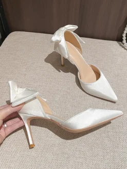 Chaussures de mariage blanches escarpins à talons hauts avec nœud et bout pointu