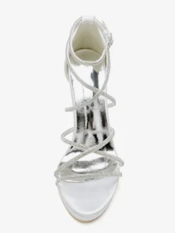 Chaussures de mariage blanches en satin à bout ouvert et à lanières avec strass