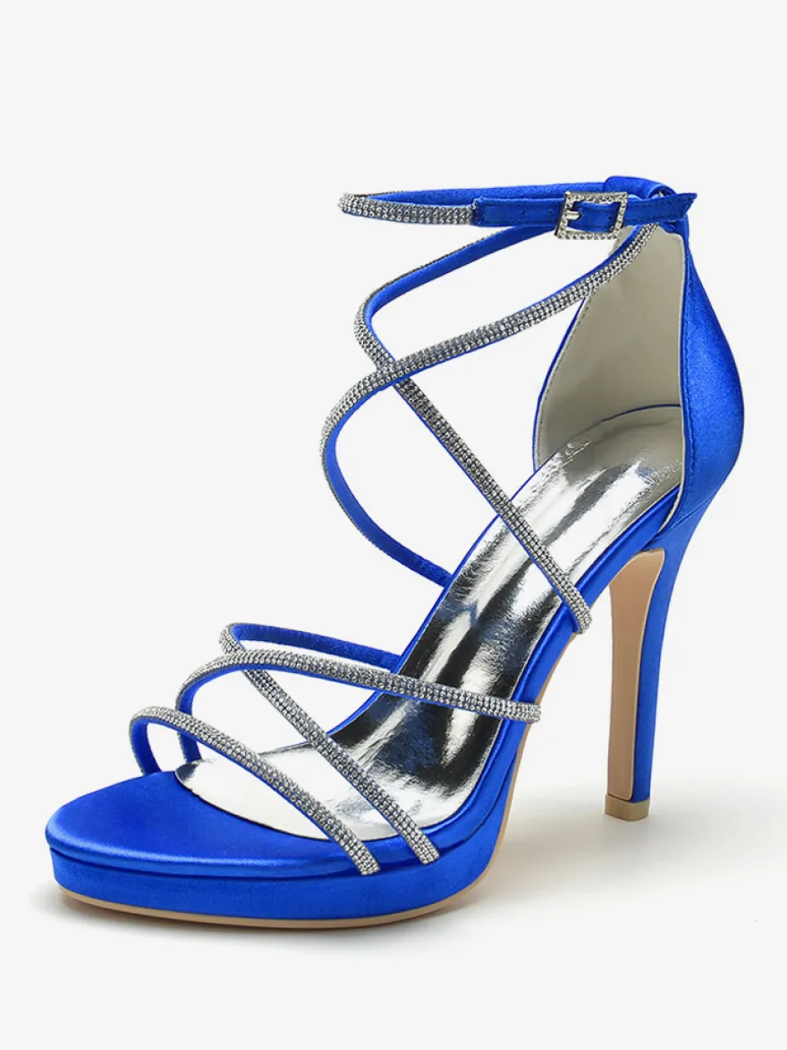 Chaussures de mariage blanches en satin à bout ouvert et à lanières avec strass