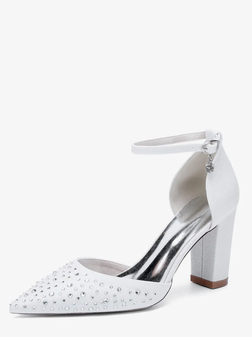 Chaussures de mariage blanches en satin et strass escarpins à bout pointu et talon épais