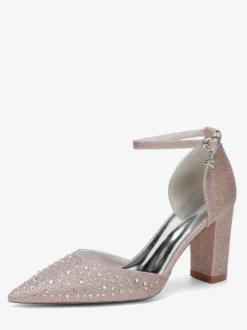 Chaussures de mariage blanches en satin et strass escarpins à bout pointu et talon épais