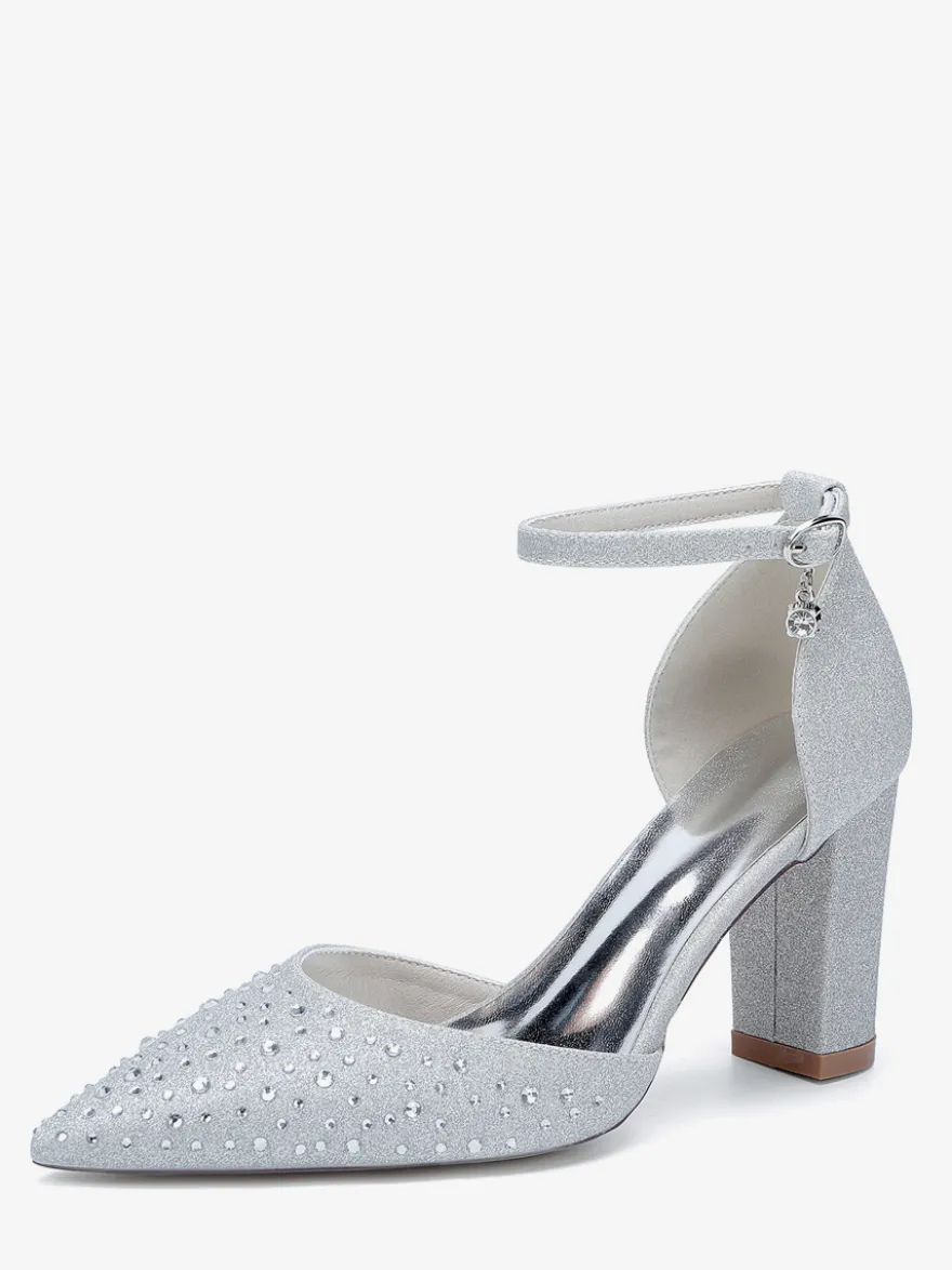 Chaussures de mariage blanches en satin et strass escarpins à bout pointu et talon épais